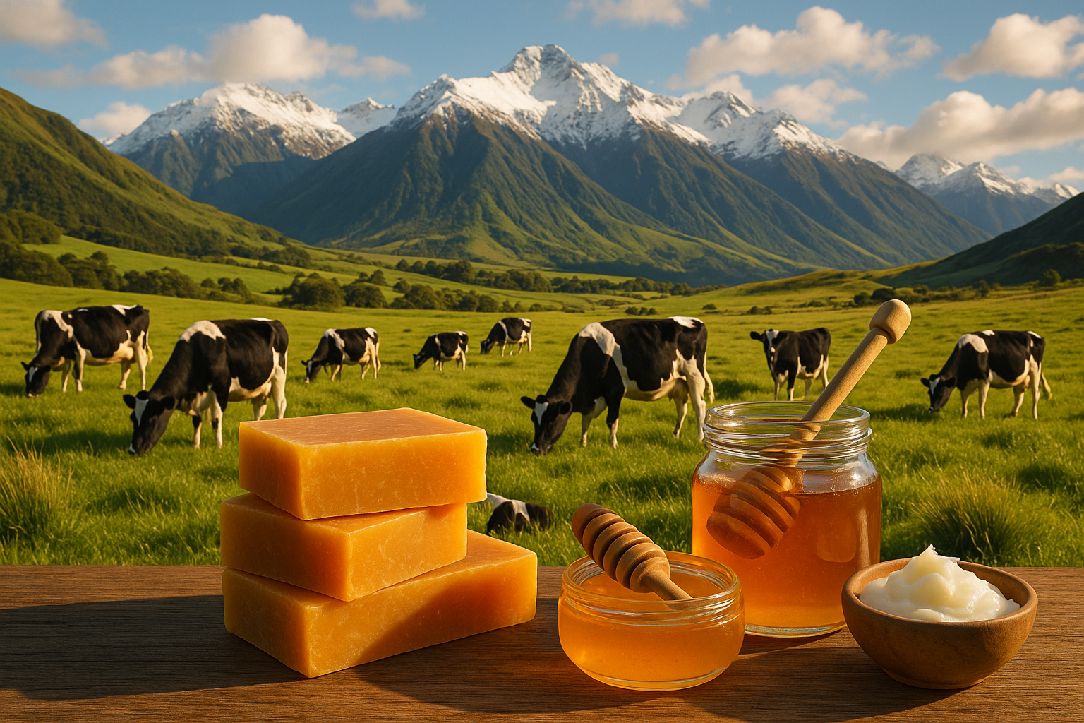 Make a Honey and Tallow and soap with, cows eating grass and mountains in New Zealland